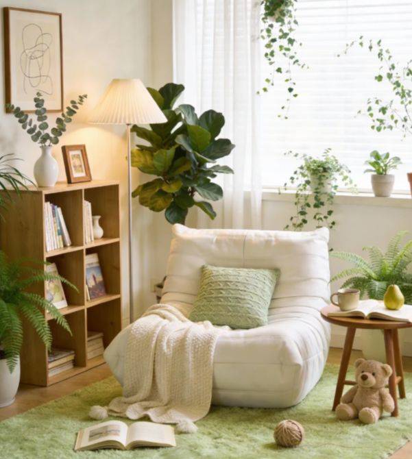 牆面、傢俱、窗簾同色系，空間立刻顯大